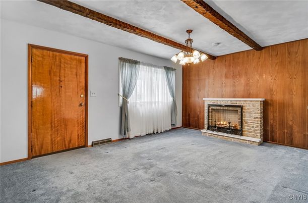 Chandelier, Empty room, Fireplace, Interior, Wooden Beams, Wooden Walls