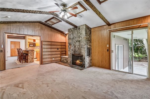 Empty room, Fireplace, Interior, Stone Walls, Wooden Beams, Wooden Walls