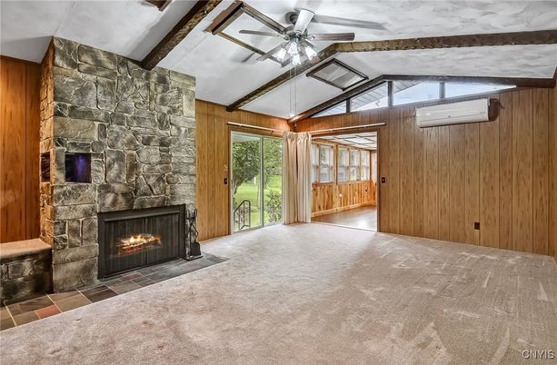 Empty room, Fireplace, Interior, Stone Walls, Wooden Beams, Wooden Walls