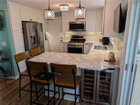 Interior, Kitchen, Pendant Lights, Stainless Steel Appliances, Wood Texture Flooring