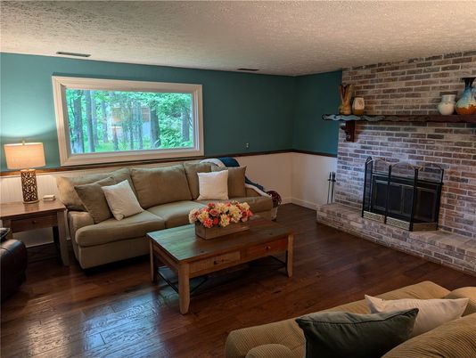 Fireplace, Interior, Living room, Stone Walls, Wood Texture Flooring