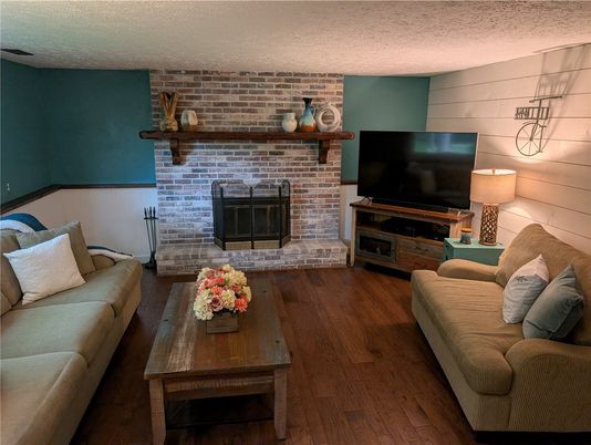Fireplace, Interior, Living room, Stone Walls, Wood Texture Flooring