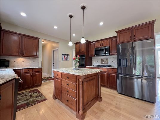 Interior, Kitchen, Pendant Lights, Recessed Lighting, Stainless Steel Appliances, Wood Texture Flooring