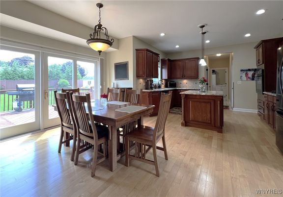 Dining room, Interior, Kitchen, Pendant Lights, Recessed Lighting, Wood Texture Flooring