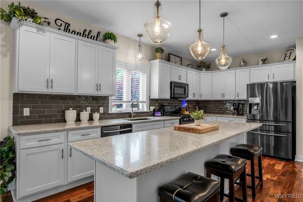 Interior, Kitchen, Pendant Lights, Recessed Lighting, Stainless Steel Appliances, Wood Texture Flooring