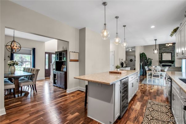 Dining room, Fireplace, Interior, Kitchen, Pendant Lights, Recessed Lighting, Wood Texture Flooring