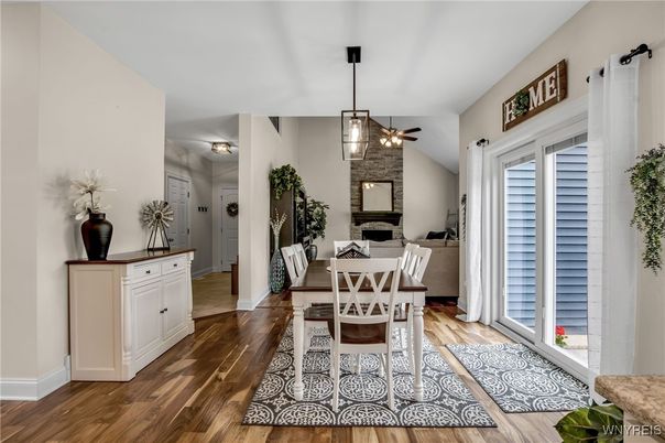 Dining room, Interior, Pendant Lights, Wood Texture Flooring