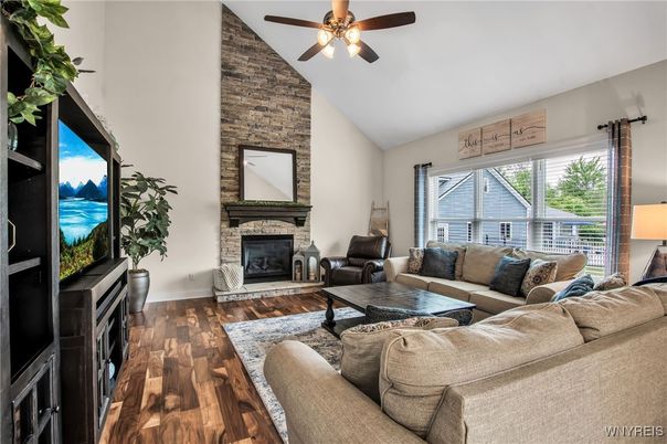Fireplace, Interior, Living room, Stone Walls, Wood Texture Flooring