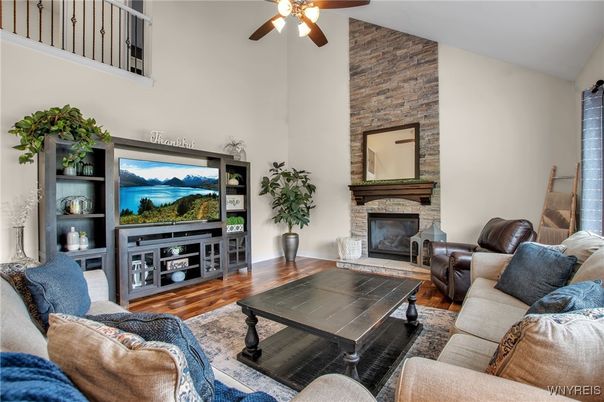Fireplace, Interior, Living room, Stone Walls, Wood Texture Flooring