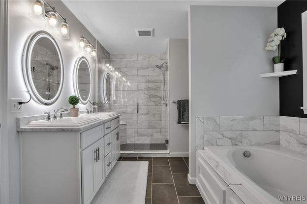 Bathroom, Dual Sink Vanities, Glass Shower, Interior, Marble Walls