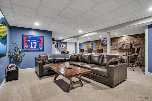 Interior, Living room, Recessed Lighting, Stone Walls