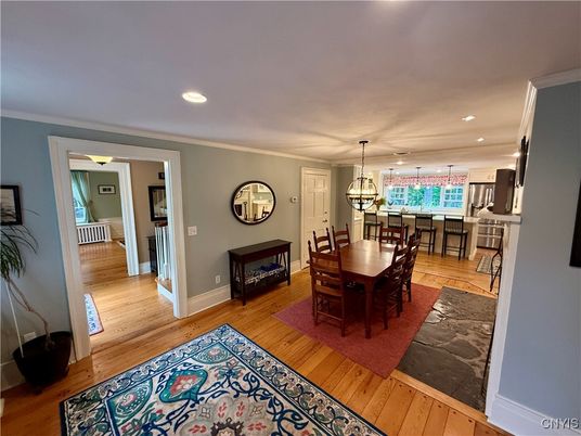 Dining room, Interior, Kitchen, Pendant Lights, Recessed Lighting, Wood Texture Flooring