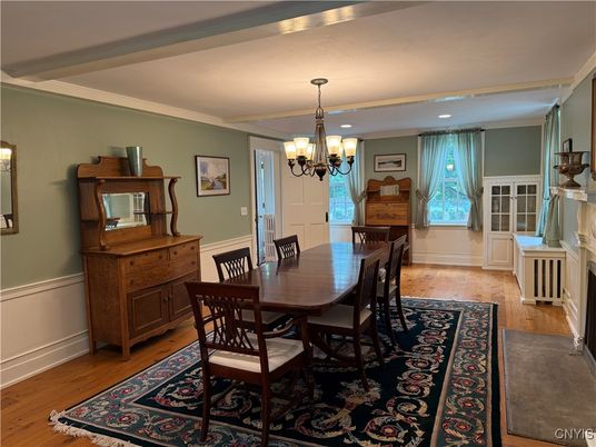 Chandelier, Dining room, Fireplace, Interior, Recessed Lighting, Wood Texture Flooring