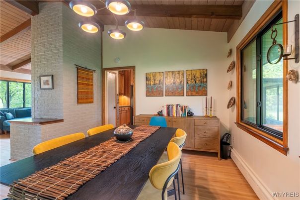 Dining room, Interior, Pendant Lights, Wooden Beams, Wooden Ceilings, Wood Texture Flooring