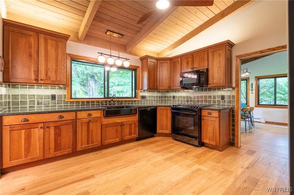 Interior, Kitchen, Pendant Lights, Tile Countertops, Wooden Ceilings, Wood Texture Flooring