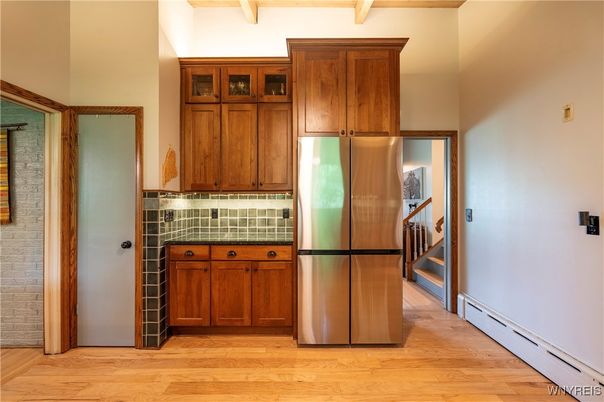 Interior, Kitchen, Tile Countertops, Wood Texture Flooring