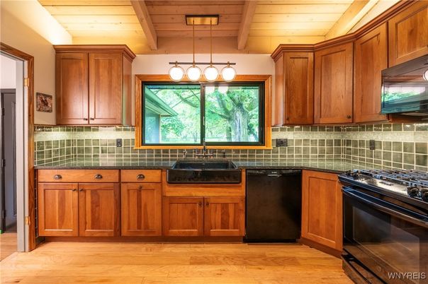 Interior, Kitchen, Pendant Lights, Tile Countertops, Wooden Ceilings, Wood Texture Flooring