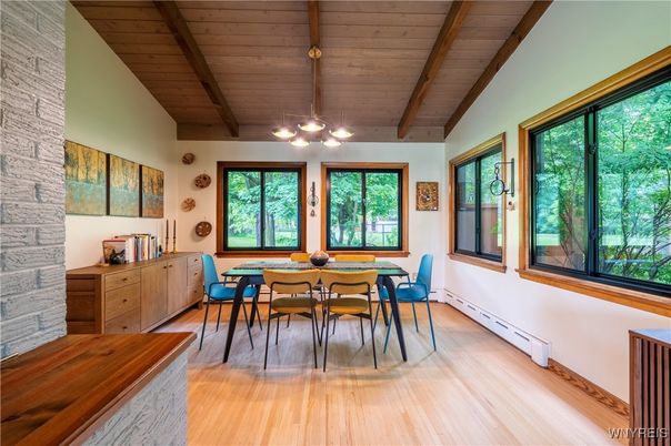 Dining room, Interior, Pendant Lights, Wooden Beams, Wooden Ceilings, Wood Texture Flooring