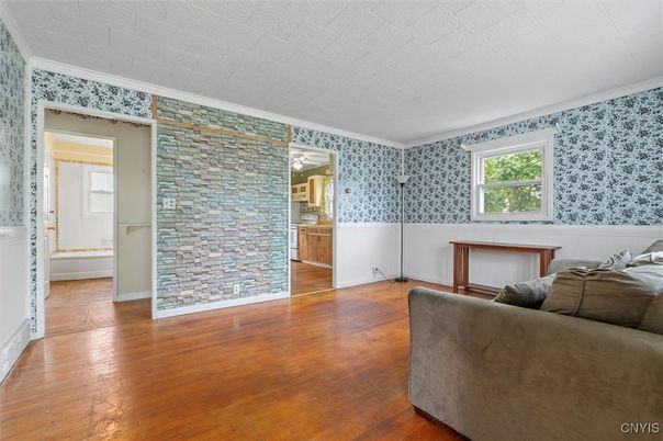 Empty room, Interior, Living room, Stone Walls, Wood Texture Flooring