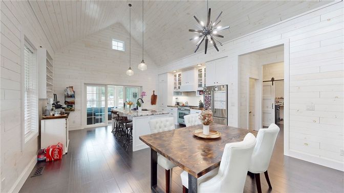 Dining room, Interior, Kitchen, Pendant Lights, Wood Texture Flooring
