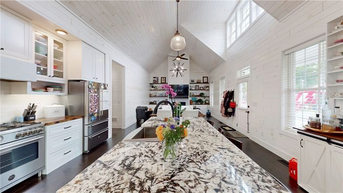 Interior, Kitchen, Pendant Lights, Stainless Steel Appliances, Wood Texture Flooring