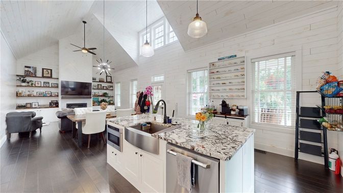 Dining room, Fireplace, Interior, Kitchen, Pendant Lights, Wood Texture Flooring