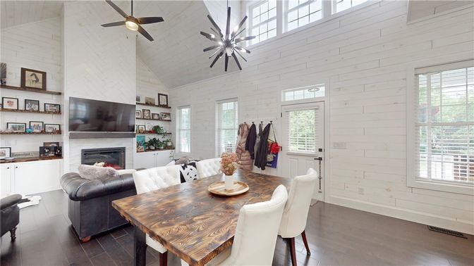 Dining room, Fireplace, Interior, Living room, Wood Texture Flooring