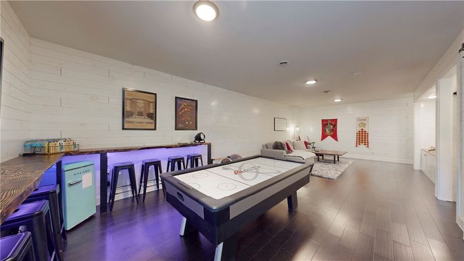 Dining room, Game Room, Interior, Living room, Recessed Lighting, Wood Texture Flooring