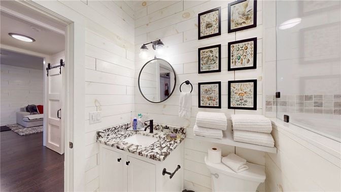 Bathroom, Interior, Recessed Lighting, Wood Texture Flooring