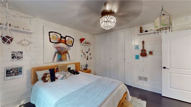 Bedroom, Chandelier, Interior, Wood Texture Flooring