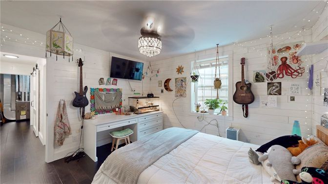 Bedroom, Chandelier, Interior, Recessed Lighting, Wood Texture Flooring