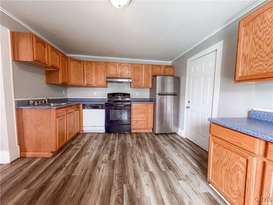 Interior, Kitchen, Stainless Steel Appliances, Wood Texture Flooring