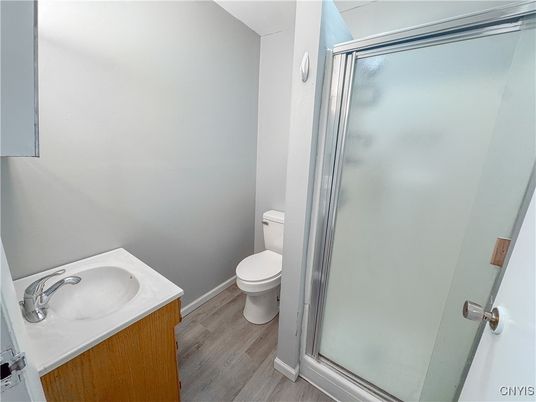 Bathroom, Glass Shower, Interior, Wood Texture Flooring