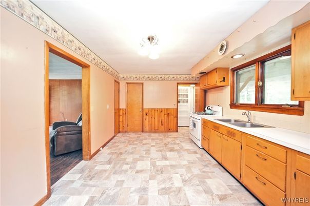 Interior, Kitchen, Tile Countertops, Wood Texture Flooring