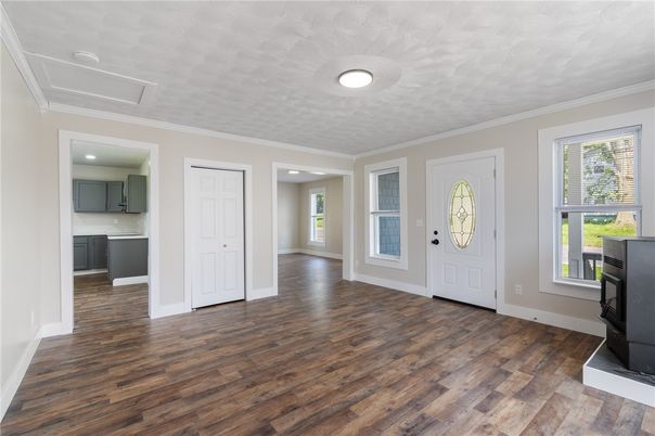 Empty room, Interior, Kitchen, Recessed Lighting, Wood Texture Flooring