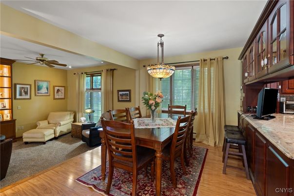 Dining room, Interior, Pendant Lights, Recessed Lighting, Wood Texture Flooring