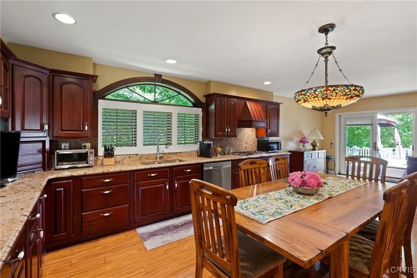 Dining room, Interior, Kitchen, Pendant Lights, Recessed Lighting, Wood Texture Flooring