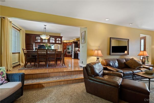 Dining room, Interior, Kitchen, Living room, Pendant Lights, Recessed Lighting, Stainless Steel Appliances, Wood Texture Flooring