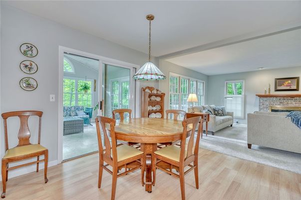 Dining room, Fireplace, Interior, Living room, Pendant Lights, Wood Texture Flooring