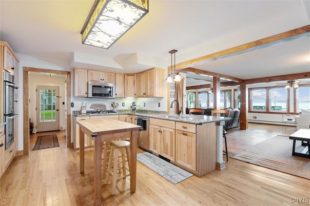 Interior, Kitchen, Pendant Lights, Stainless Steel Appliances, Wood Texture Flooring