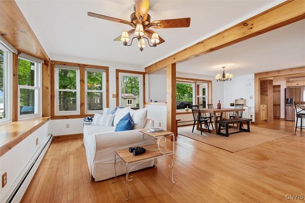 Chandelier, Dining room, Interior, Living room, Wooden Beams, Wood Texture Flooring