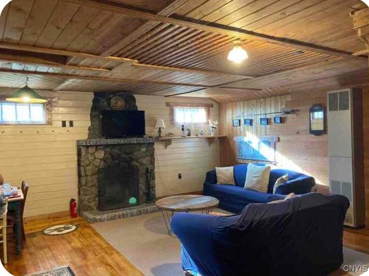 Fireplace, Interior, Living room, Pendant Lights, Wooden Beams, Wooden Ceilings, Wood Texture Flooring, Wooden Walls