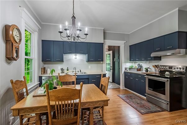 Chandelier, Dining room, Interior, Kitchen, Stainless Steel Appliances, Wood Texture Flooring