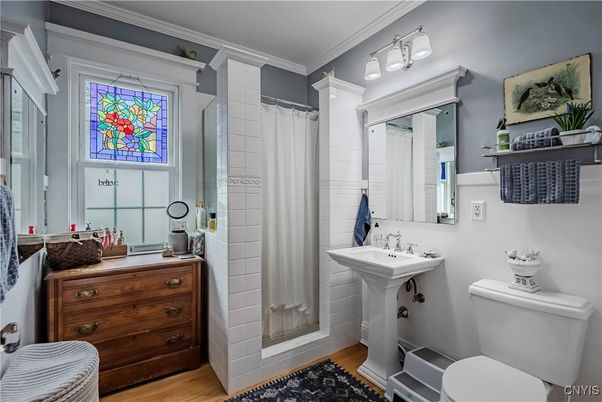 Bathroom, Glass Shower, Interior, Wood Texture Flooring