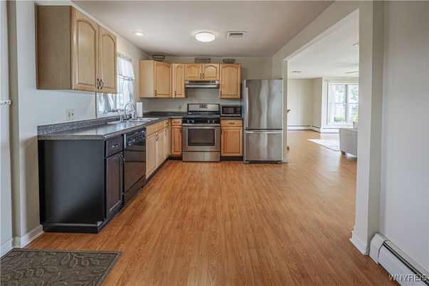 Interior, Kitchen, Recessed Lighting, Stainless Steel Appliances, Wood Texture Flooring