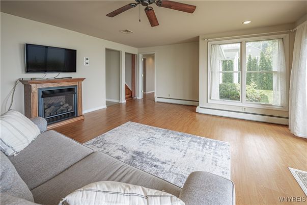 Fireplace, Interior, Recessed Lighting, Wood Texture Flooring