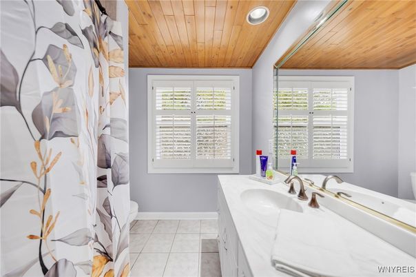 Bathroom, Dual Sink Vanities, Interior, Recessed Lighting, Wooden Ceilings