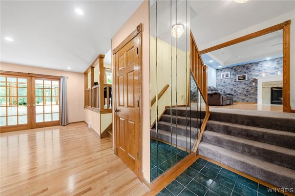 Fireplace, Interior, Recessed Lighting, Stone Walls, Wood Texture Flooring