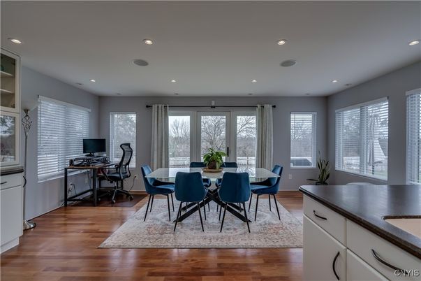 Dining room, Interior, Recessed Lighting, Wood Texture Flooring