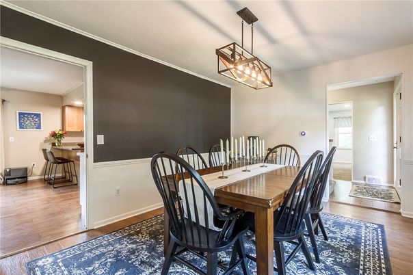 Dining room, Interior, Pendant Lights, Wood Texture Flooring